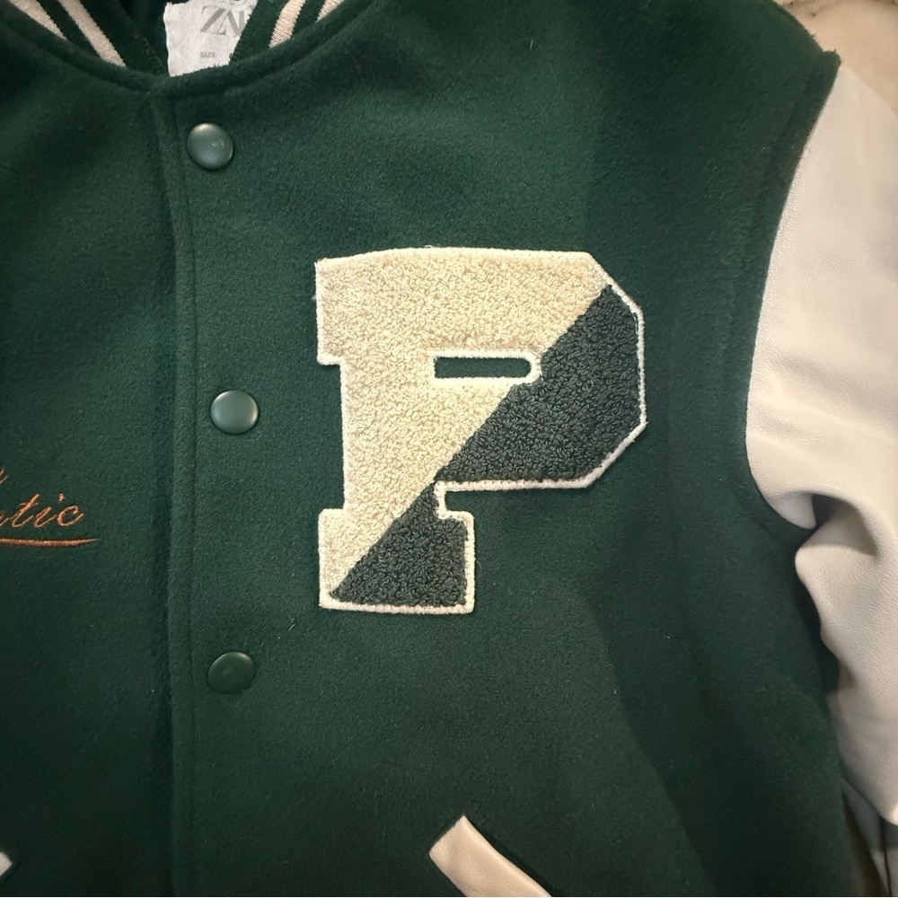 Zara kids Green and White Varsity letterman Jacket boys size 6 - Picture 2 of 11